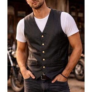 VTG Wilsons Mens The Leather Experts Biker Vest M Black Western Waistcoat Cowboy